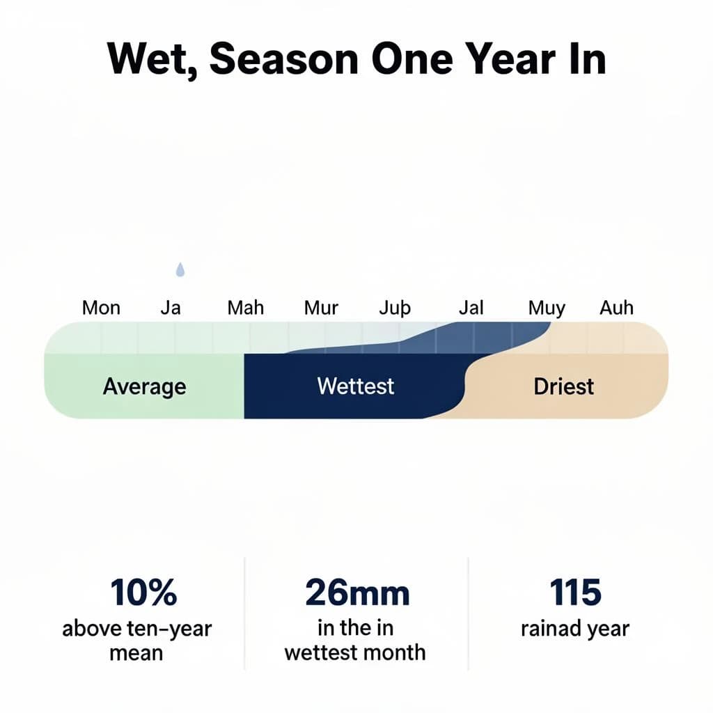Flat vector illustration titled "Wet Season, One Year In". A twelve-month rainfall timeline sits at the center, carrying three keyed regions, "Average" shaded pale green, "Wettest" shaded dark blue and "Driest" shaded sand. Three stat chips run down a bottom row, reading "10% above the ten-year mean", "260mm in the wettest month" and "115 rain days last year". Each key color matches the shading of the region it names.
