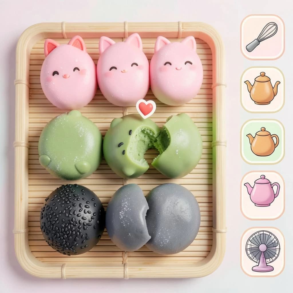 Match three board for a cozy sweets game, cute stylized 3D animation look. Nine mochi in a three by three grid on a bamboo tray: the top row strawberry pink, the middle row matcha green, the bottom row black sesame grey. The center green one has a bite taken out and a small heart icon floating above it. Two of the pink mochi wear tiny cat ears. To the right of the tray, a vertical strip of three power up icons, a whisk, a teapot and a fan. Soft pastel lighting, glossy dusted surfaces.