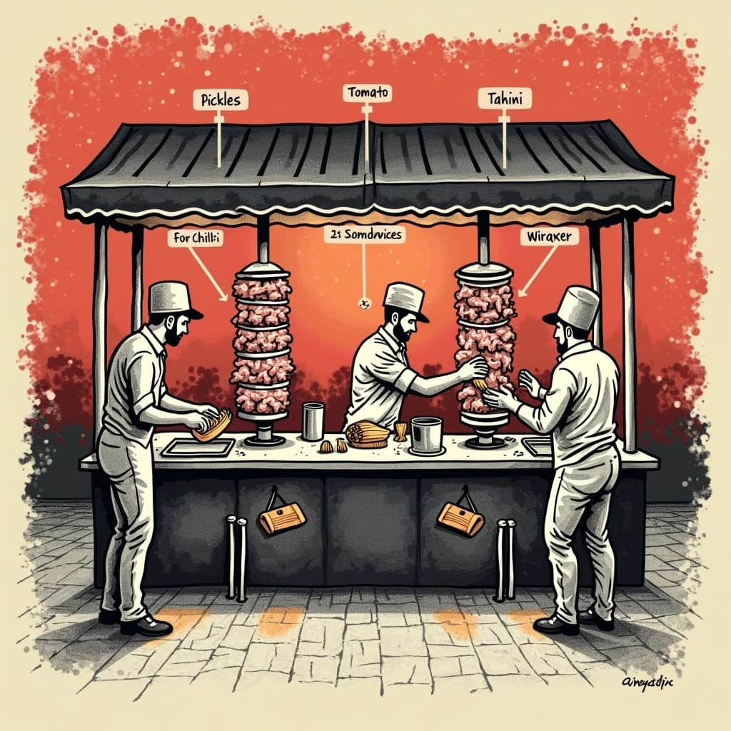 Editorial halftone print diagram of a street shawarma stall at dusk, printed in charcoal, warm red and cream dots. Two vertical spits stand side by side behind the counter, chicken on the left and lamb on the right, the lamb cone noticeably wider. One cook shaves meat from the lamb into a tray while a second cook passes a wrapped sandwich across the counter to a customer. Five garnish bins run along the counter labelled "Pickles", "Tomato", "Onion", "Tahini", "Chilli", with numbered callouts one to five pointing at them.