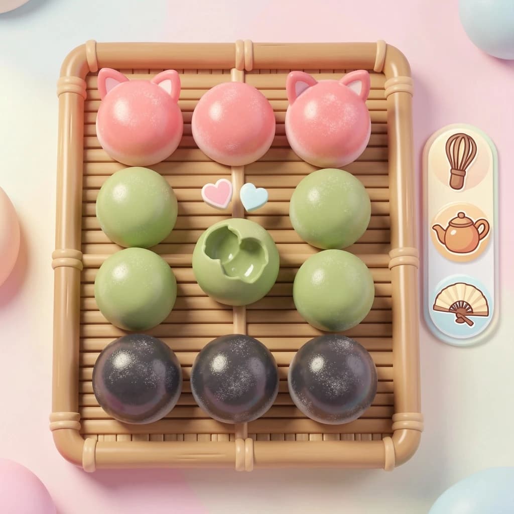 Match three board for a cozy sweets game, cute stylized 3D animation look. Nine mochi in a three by three grid on a bamboo tray: the top row strawberry pink, the middle row matcha green, the bottom row black sesame grey. The center green one has a bite taken out and a small heart icon floating above it. Two of the pink mochi wear tiny cat ears. To the right of the tray, a vertical strip of three power up icons, a whisk, a teapot and a fan. Soft pastel lighting, glossy dusted surfaces.