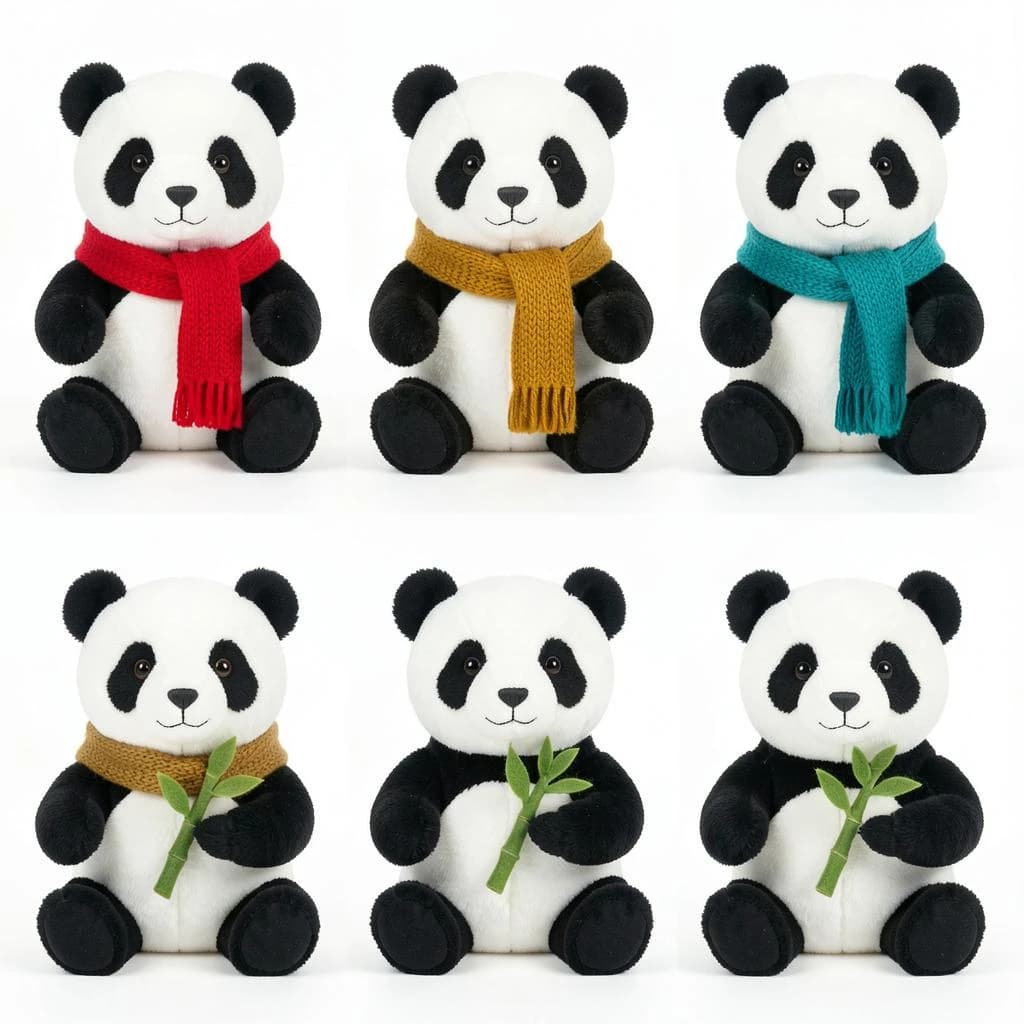 Studio product photography, plain white variant grid: six panda plushes in two rows of three, all seated facing camera. The top row wears knit scarves in red, mustard and teal. The bottom three wear no scarves, each holding a small felt bamboo shoot.