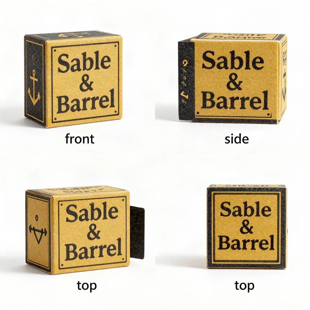 Linocut print: one board-game box in three views. The views are captioned "front", "side" and "top" in that order. The wordmark "Sable & Barrel" appears on every view with a small anchor mark beside it. The mustard-and-charcoal coloring is the same across every view, and only the angle changes.