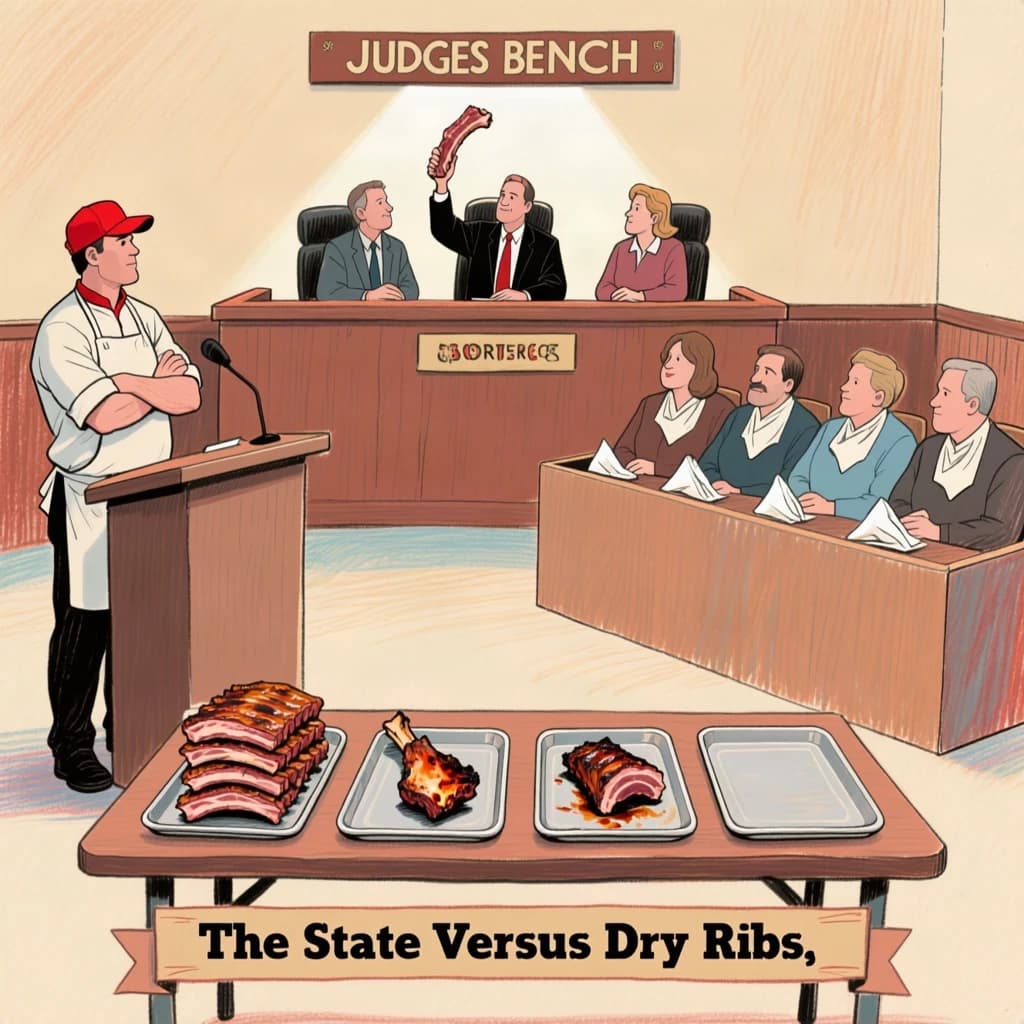 Courtroom sketch poster in colored pencil on toned paper for a barbecue joint's rib contest. The judges' bench sits at top center with three judges behind it, the middle one holding a rib up to the light while the other two turn toward each other. On the evidence table below stand four trays: two stacked with ribs, one holding a single burnt end, one empty. A pitmaster in a red cap stands at the podium on the left with his arms crossed. Six jurors fill the box on the right, five with napkins tucked into their collars and one without. Caption bar at the bottom reads "The State Versus Dry Ribs, Saturday".