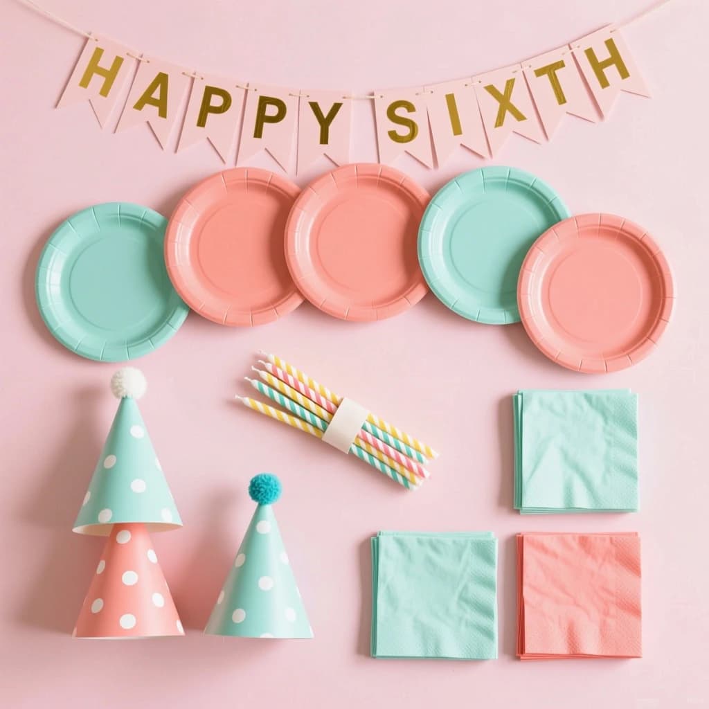 Flat lay photograph on pale pink paper, lit softly from above.
Eight paper plates fanned in an arc across the top of the frame, alternating mint and coral, four of each, mint first from the left.
Below the arc, twelve striped candles bundled under a paper band, laid diagonally.
Three cone party hats stacked at the lower left, only the middle hat trimmed with a pom pom.
At the lower right, six folded napkins in two piles of three, one pile mint and one coral.
A paper banner strung across the very top spells "HAPPY SIXTH" in gold letters, a few letters overlapping the plate arc.
