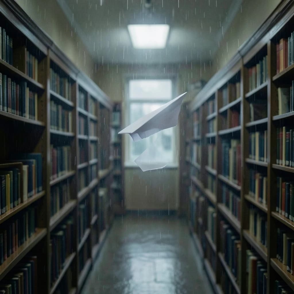 The quiet second when a paper airplane picks up a soft edge highlight, in a quiet library, after a light rain shower.