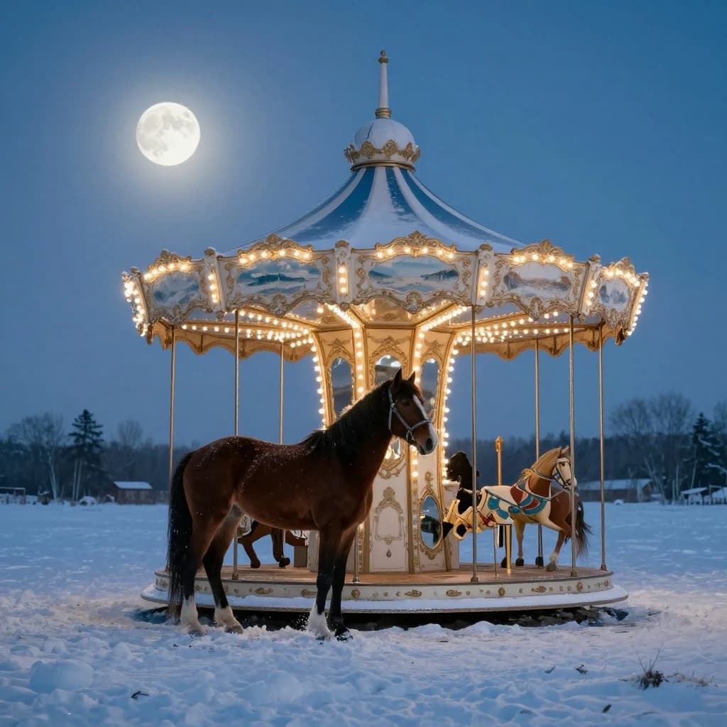 single carousel horse in deep snow, moonlight