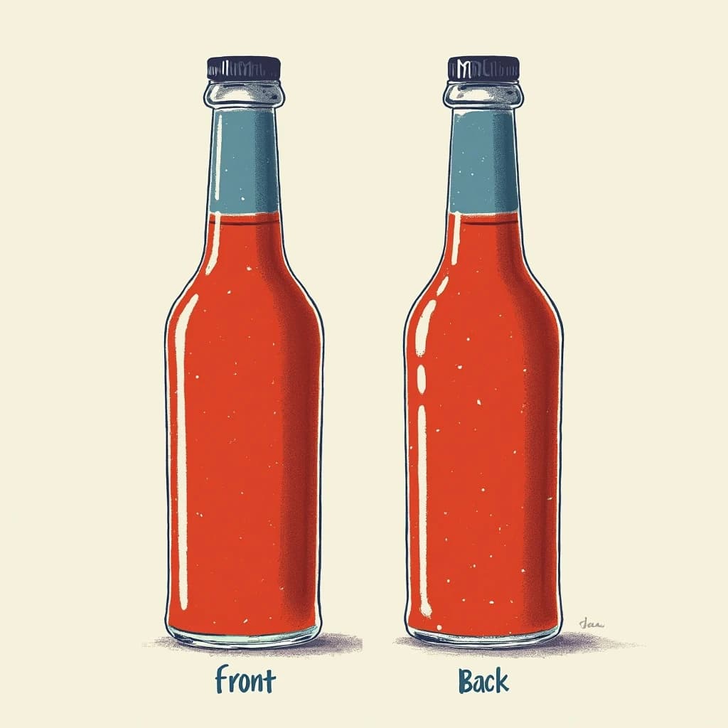 Printed poster of the same hot-sauce bottle drawn in two views, captioned "front" and "back", every view carrying the wordmark "Glass & Row" with a single droplet symbol beside it in the same blue-and-silver coloring, only the angle changing.