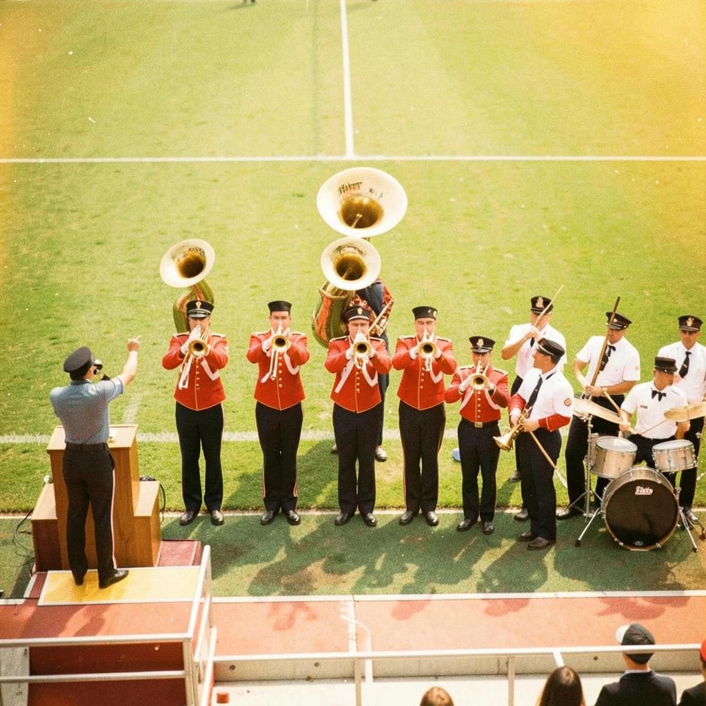 Nineteen seventies Kodachrome-era colour film look, faded warm grain and slight overexposure: a high school marching band seen from a stadium walkway. Front rank of five trumpet players in red and white uniforms, all with horns raised. Behind them three sousaphones in a triangle, the middle player caught mid turn. A line of four drummers to the right, the snare drummer nearest the camera mid stroke. A single drum major stands on a podium at the far left with his back to us, arms up. Empty green field behind them.