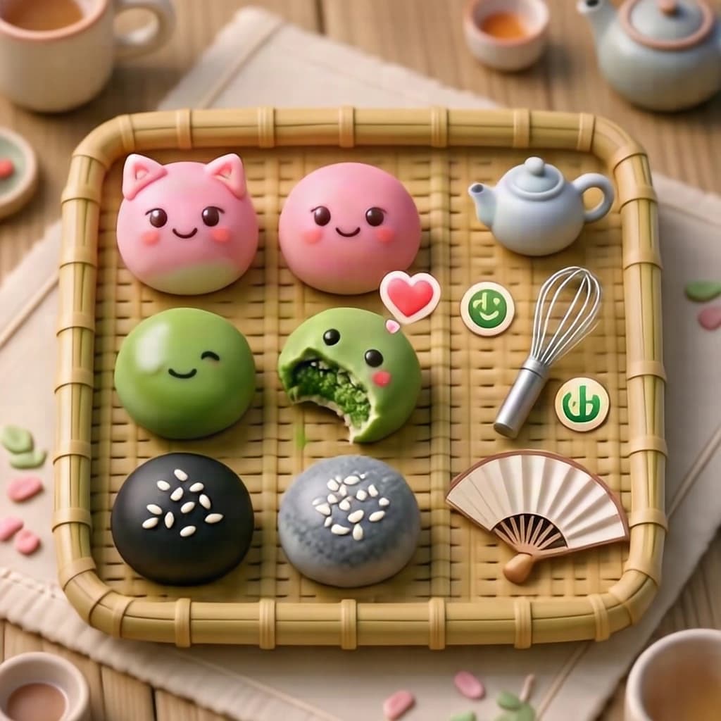 Match three board for a cozy sweets game, cute stylized 3D animation look. Nine mochi in a three by three grid on a bamboo tray: the top row strawberry pink, the middle row matcha green, the bottom row black sesame grey. The center green one has a bite taken out and a small heart icon floating above it. Two of the pink mochi wear tiny cat ears. To the right of the tray, a vertical strip of three power up icons, a whisk, a teapot and a fan. Soft pastel lighting, glossy dusted surfaces.