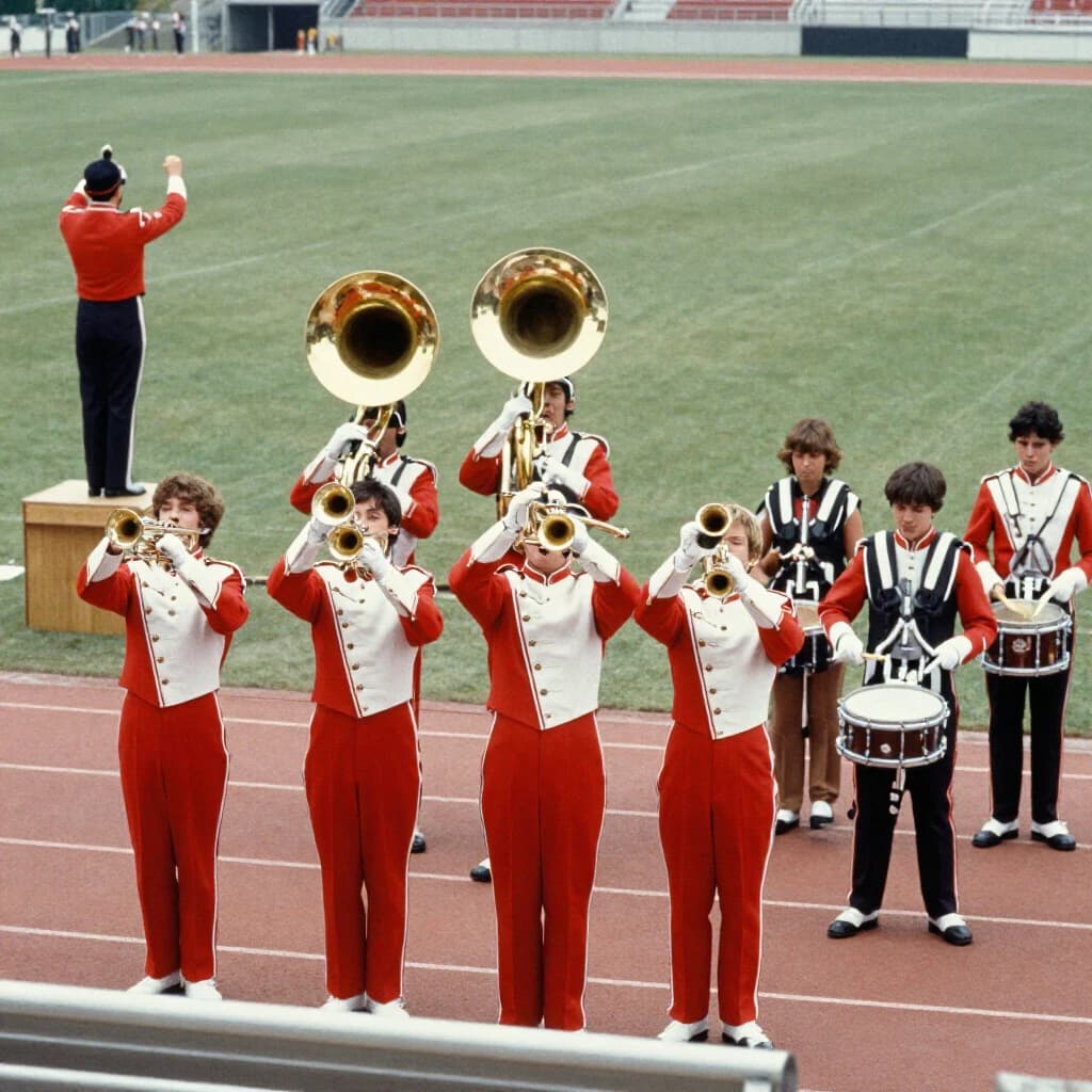 Nineteen seventies Kodachrome-era colour film look, faded warm grain and slight overexposure: a high school marching band seen from a stadium walkway. Front rank of five trumpet players in red and white uniforms, all with horns raised. Behind them three sousaphones in a triangle, the middle player caught mid turn. A line of four drummers to the right, the snare drummer nearest the camera mid stroke. A single drum major stands on a podium at the far left with his back to us, arms up. Empty green field behind them.