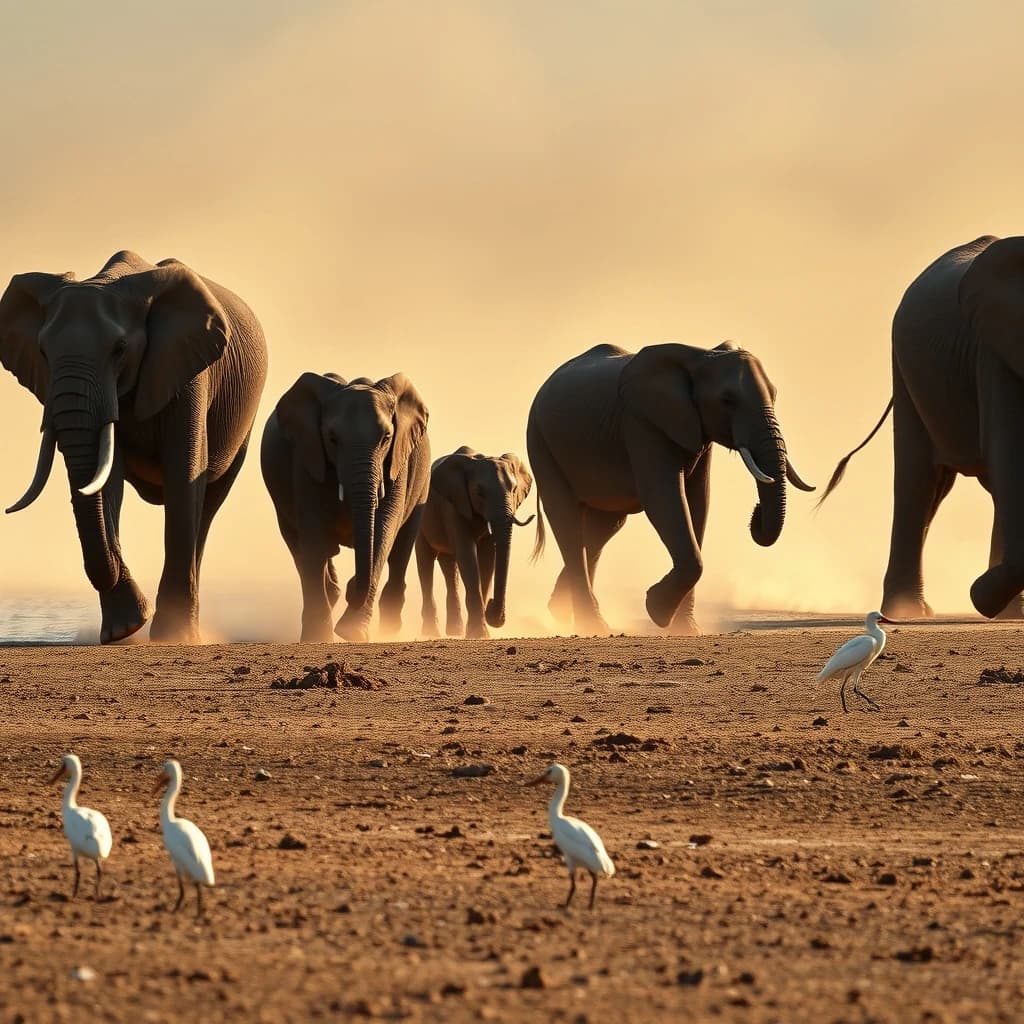 Wildlife photograph for a conservation campaign: a herd crossing a dusty riverbed in low sun. Seven elephants walking left to right, three adults flanking on the outside and two calves tucked between them, one adult trailing at the rear with a broken tusk, and the lead matriarch already up the far bank. Four egrets on the ground, only two of them near the calves. Long shadows, dust haze, nothing written in frame.