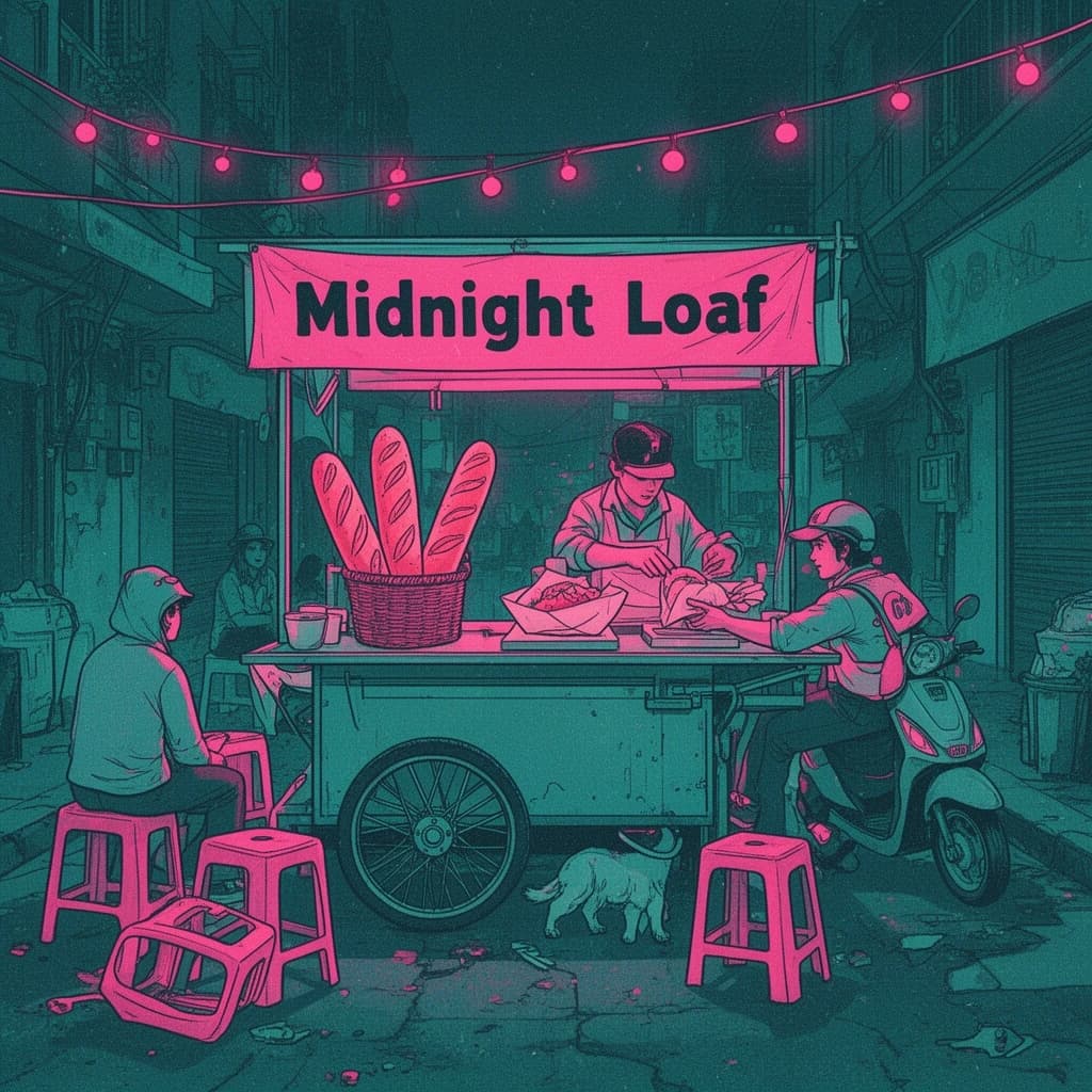 Two-color risograph print key art in fluorescent pink and teal with visible misregistration and paper grain, for a street food courier game. A night market alley: the banh mi cart at center with three baguettes standing upright in a basket and two more being sliced by the vendor, who hands one wrapped sandwich down to a courier straddling a scooter. Four plastic stools in front of the cart, three occupied and the one nearest the gutter tipped over. Two strings of bulbs cross overhead. A dog waits under the cart axle. The stall banner reads "Midnight Loaf".