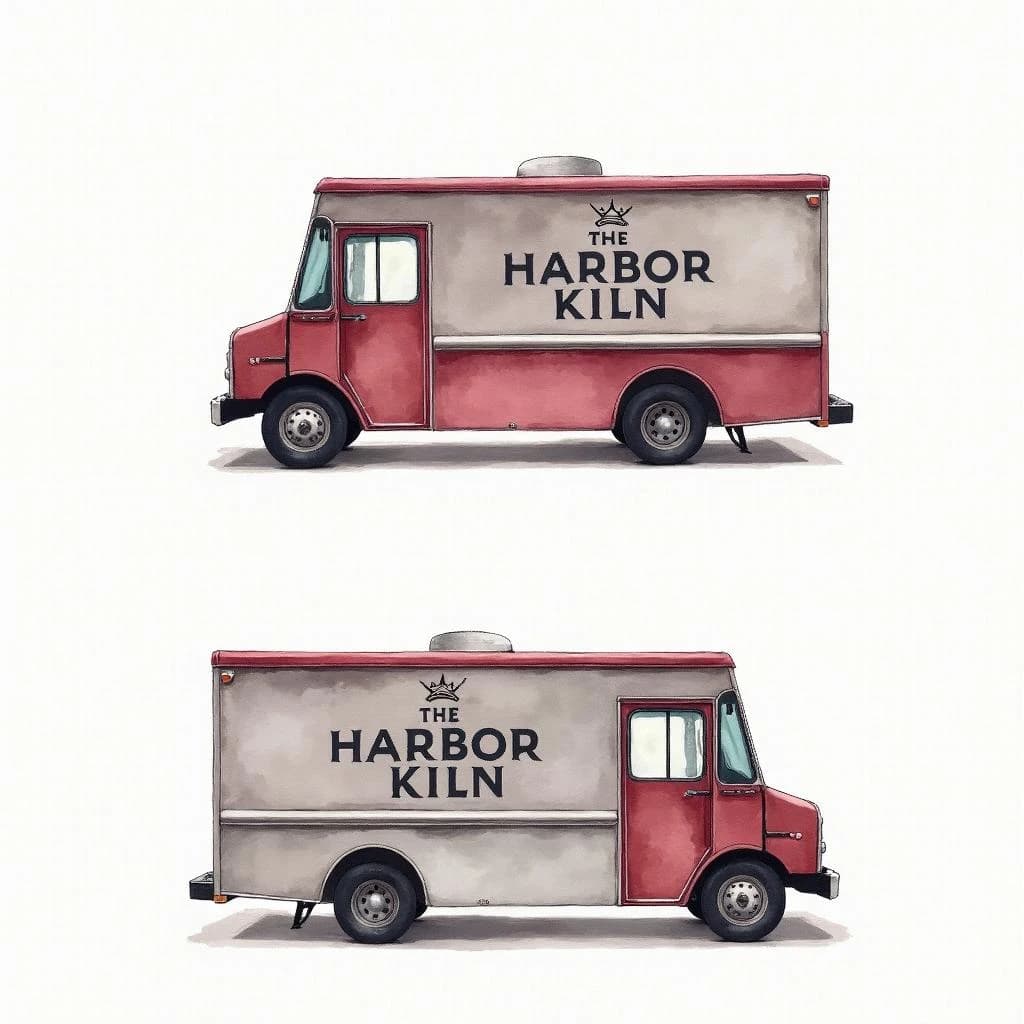 Watercolor of the same food truck drawn in two sides, captioned "left side" and "front", every side carrying the wordmark "The Harbor Kiln" with a simple crown outline beside it in the same maroon-and-gray coloring, only the side changing.