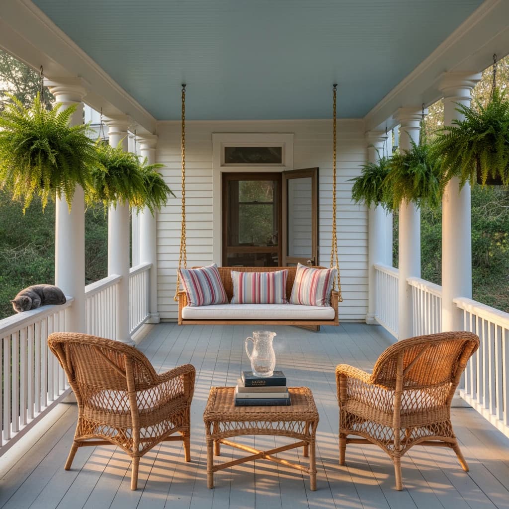 Real estate photograph of the wraparound porch on a restored Louisiana cottage, late afternoon. A cypress porch swing hangs on brass chains at the far end with three striped cushions on it, the middle cushion propped upright. Six turned columns run the length of the porch, ferns hanging between the first, third and fifth. Two wicker chairs face the swing across a low rattan table holding a stack of three books and a sweating glass pitcher. A grey cat sleeps on the rail nearest the steps, the screen door behind the swing standing half open. Low sun striping the painted floorboards, pale blue ceiling above.