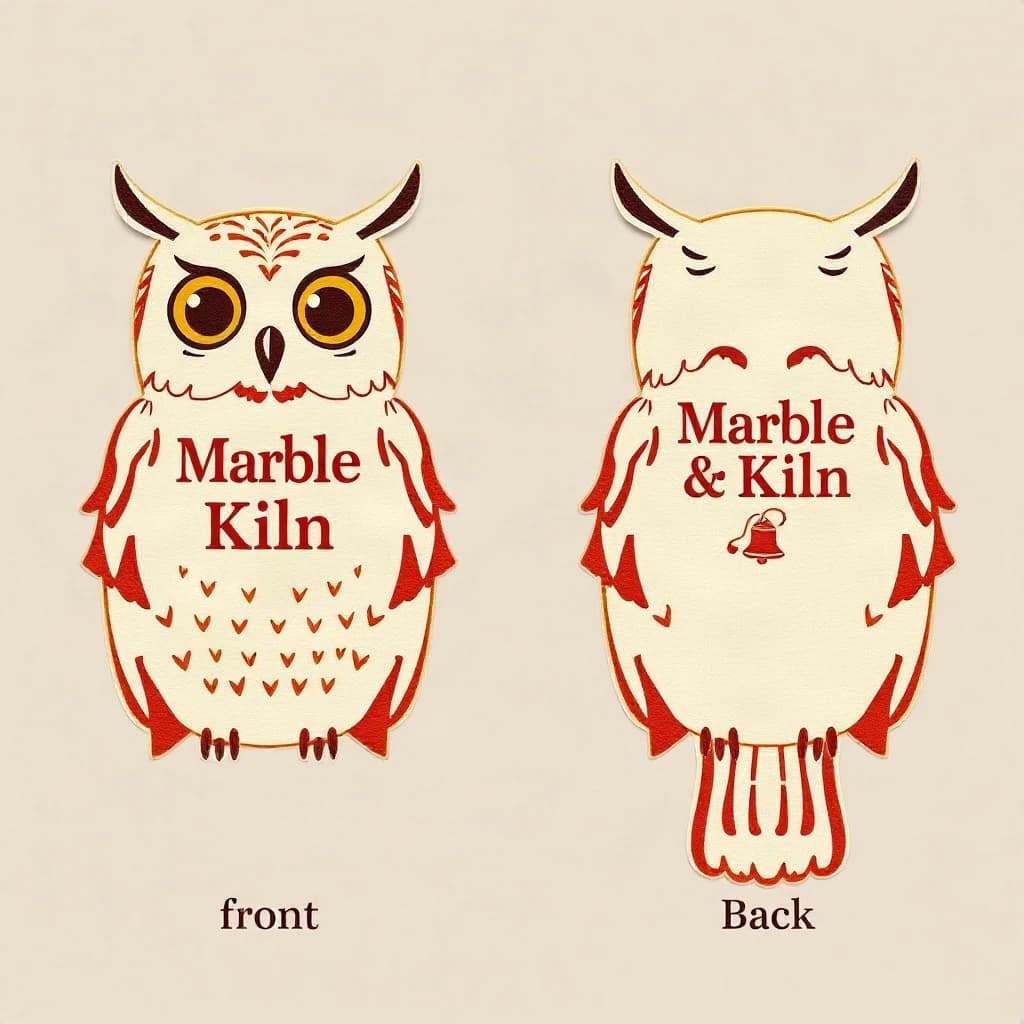 Cut-paper collage of the same bookstore owl mascot drawn in three views, captioned "front", "side" and "back", every view carrying the wordmark "Marble & Kiln" with a small bell outline beside it in the same red-and-cream coloring, only the angle changing.