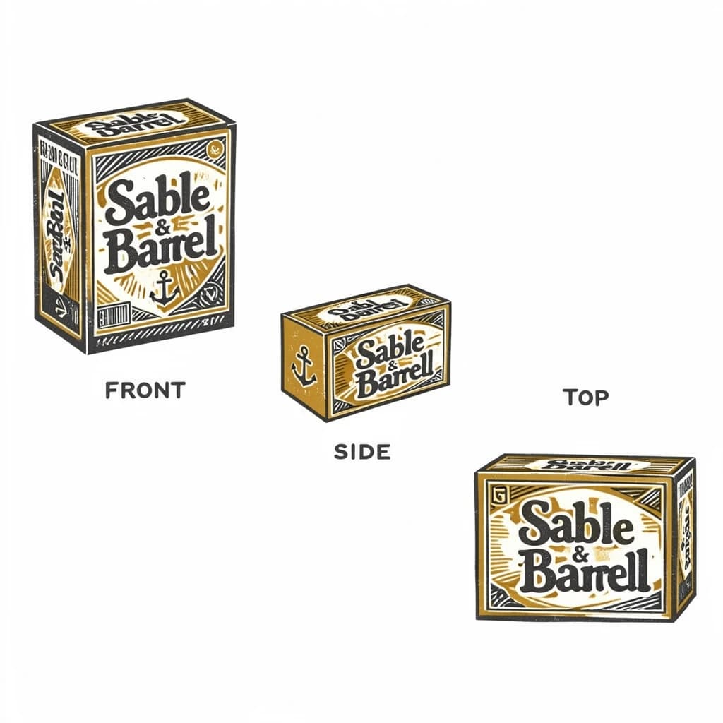 Linocut print: one board-game box in three views. The views are captioned "front", "side" and "top" in that order. The wordmark "Sable & Barrel" appears on every view with a small anchor mark beside it. The mustard-and-charcoal coloring is the same across every view, and only the angle changes.