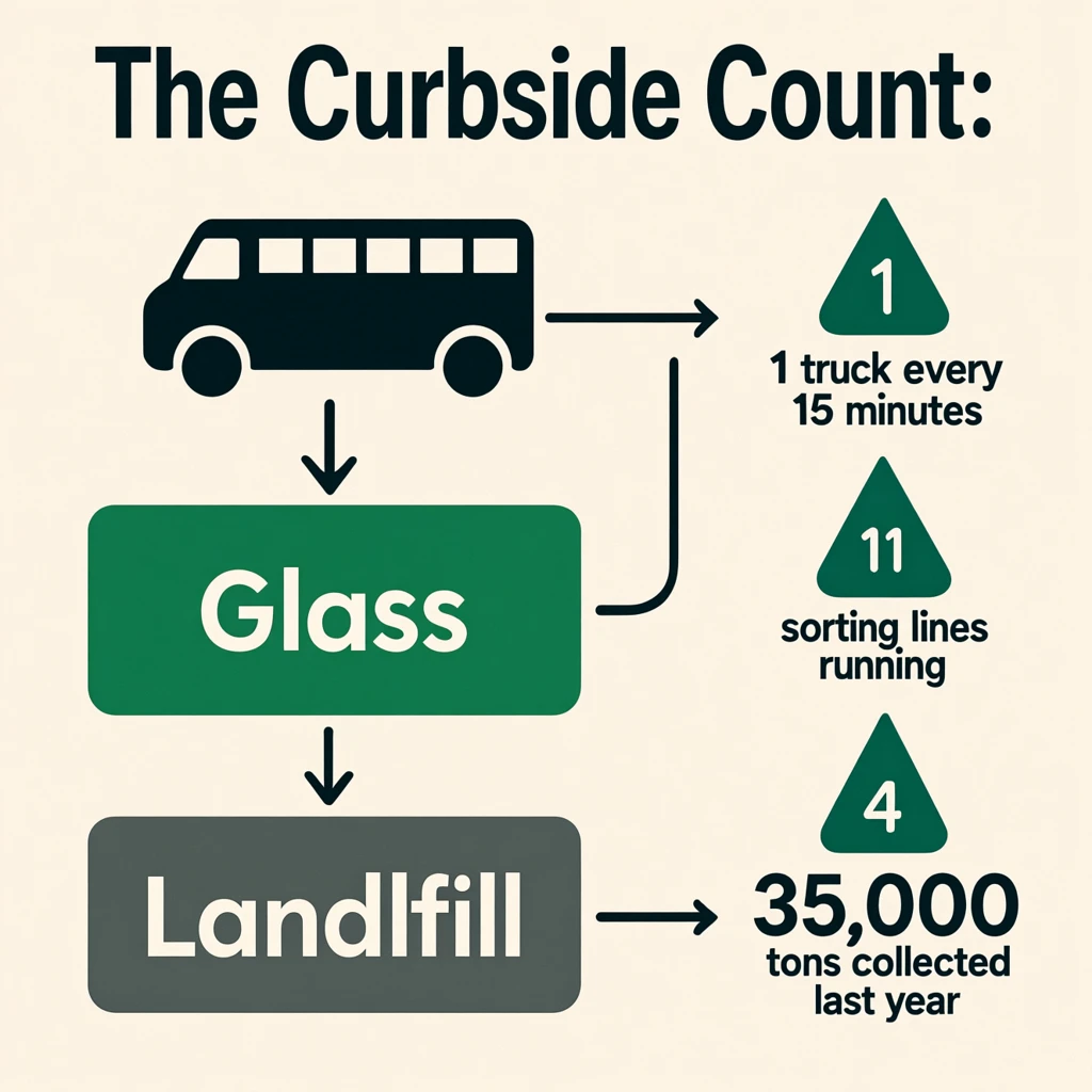 Printed poster titled "The Curbside Count": at the center a flow chart from curb to sorting floor, carrying two keyed regions, "Glass" shaded green and "Landfill" shaded gray, beside a right column of three stat chips reading "1 truck every 15 minutes", "11 sorting lines running" and "35,000 tons collected last year".