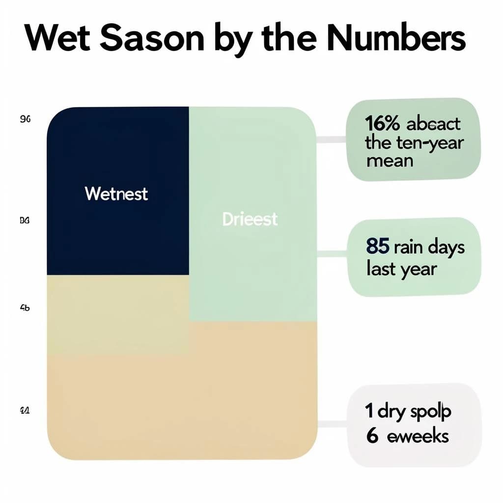 Flat vector illustration titled "Wet Season by the Numbers". A twelve-month rainfall timeline sits at the center, carrying three keyed regions, "Wettest" shaded dark blue, "Average" shaded pale green and "Driest" shaded sand. Three stat chips run down a right column, reading "16% above the ten-year mean", "85 rain days last year" and "1 dry spell every 6 weeks". Each key color matches the shading of the region it names.