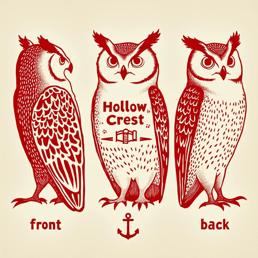 Linocut print: one bookstore owl mascot in three views. The views are captioned "front", "side" and "back" in that order. The wordmark "Hollow Crest" appears on every view with a small anchor mark beside it. The red-and-cream coloring is the same across every view, and only the angle changes.