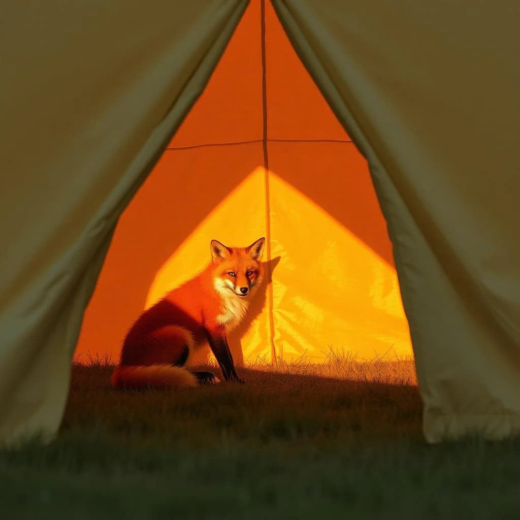 A red fox cast in a warm edge highlight inside a canvas tent, at golden hour, off-center framing with negative space, gouache style.