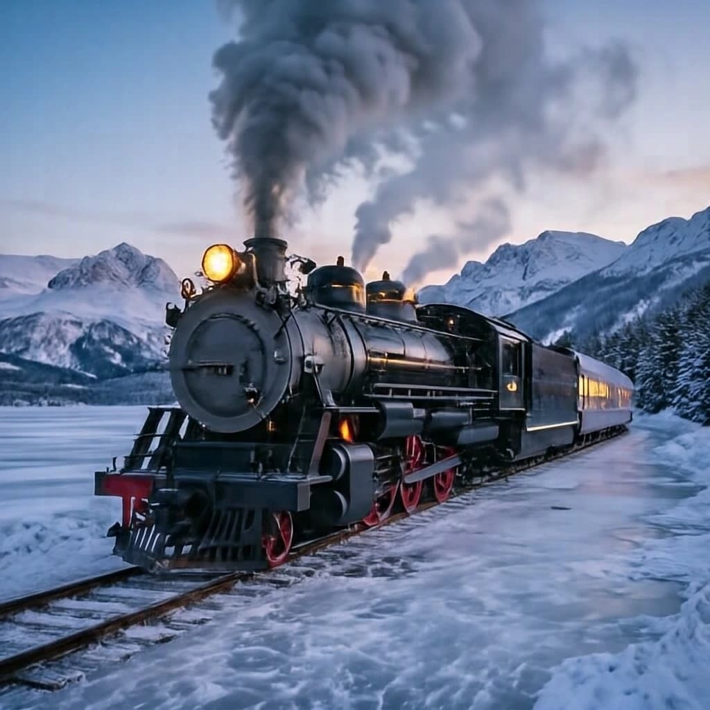 half-lit steam locomotive on smooth ice, dusk