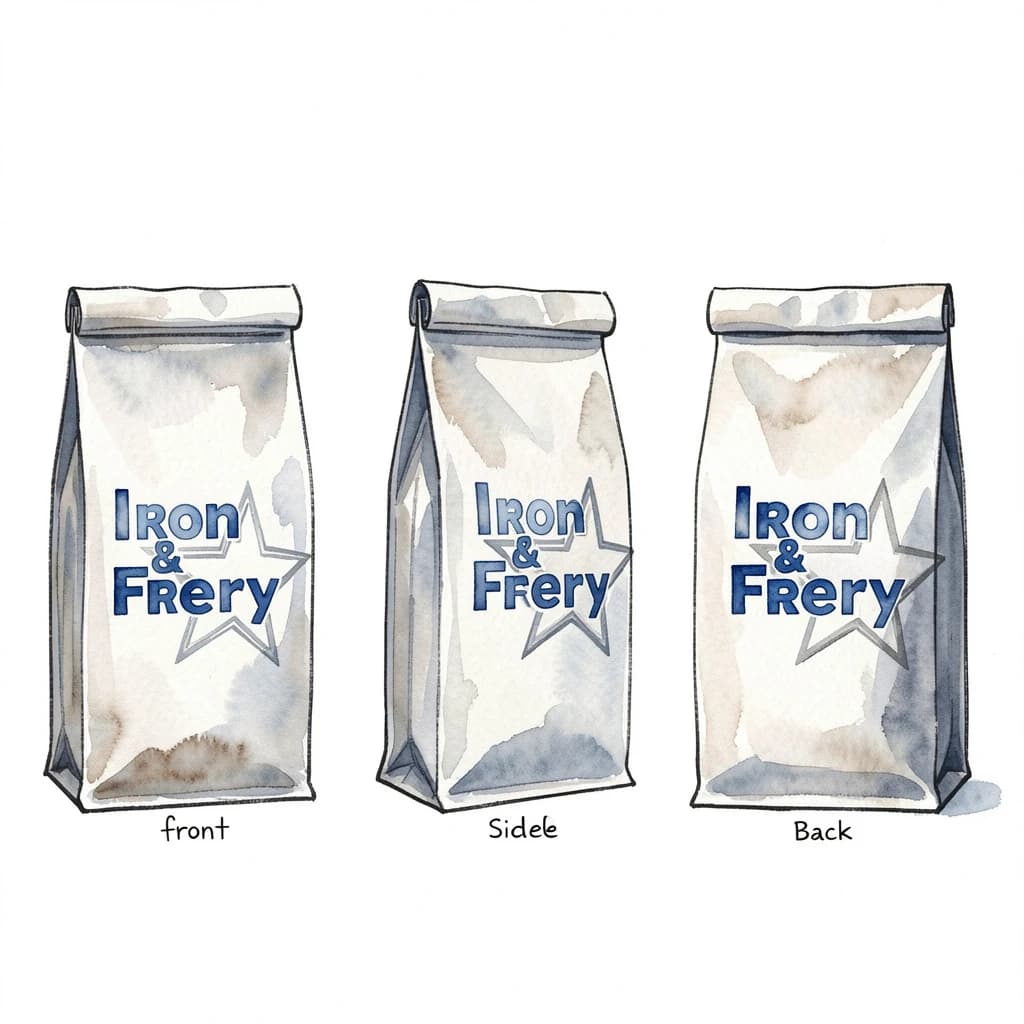 Watercolor of the same coffee bag drawn in three views, captioned "front", "side" and "back", every view carrying the wordmark "Iron & Ferry" with a five-point star outline beside it in the same blue-and-silver coloring, only the angle changing.