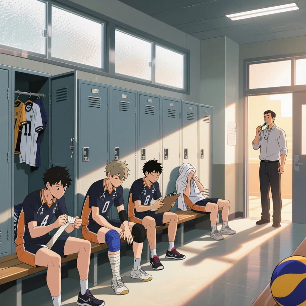 Modern anime interior for a high school volleyball series, wide view down a team locker room after practice. Eight lockers along the back wall in two banks of four, the three on the far left hanging open with jerseys spilling out and the rest shut. Four players occupy the foreground bench: the setter re-taping two fingers, the libero pulling on a knee sleeve, the captain reading a clipboard, and a first year asleep sitting upright with a towel over his face. A coach stands in the right doorway holding a whistle, half in shadow. Warm late-sun bars fall through high frosted windows, cel shading, clean bold linework.