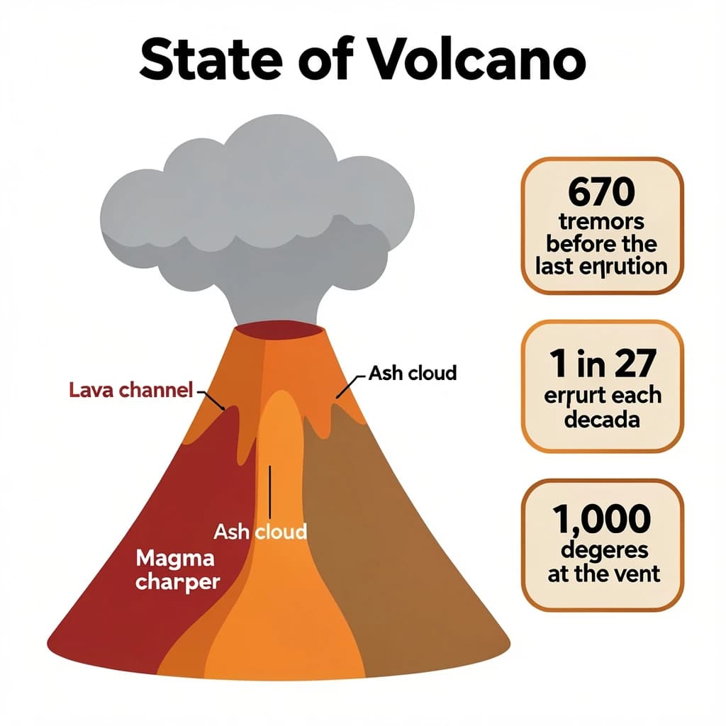 Flat vector illustration titled "State of Volcano": at the center a cutaway cone, carrying three keyed regions, "Lava channel" shaded red, "Ash cloud" shaded gray and "Magma chamber" shaded orange, beside a right column of three stat chips reading "670 tremors before the last eruption", "1 in 27 erupt each decade" and "1,000 degrees at the vent".