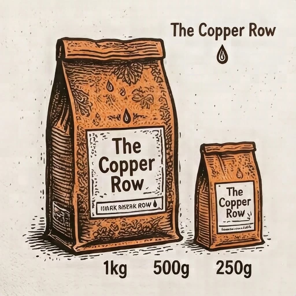 Linocut print: one coffee bag in three sizes. The sizes are captioned "1kg", "500g" and "250g" in that order. The wordmark "The Copper Row" appears on every size with a single droplet symbol beside it. The orange-and-brown coloring is the same across every size, and only the bag size changes.