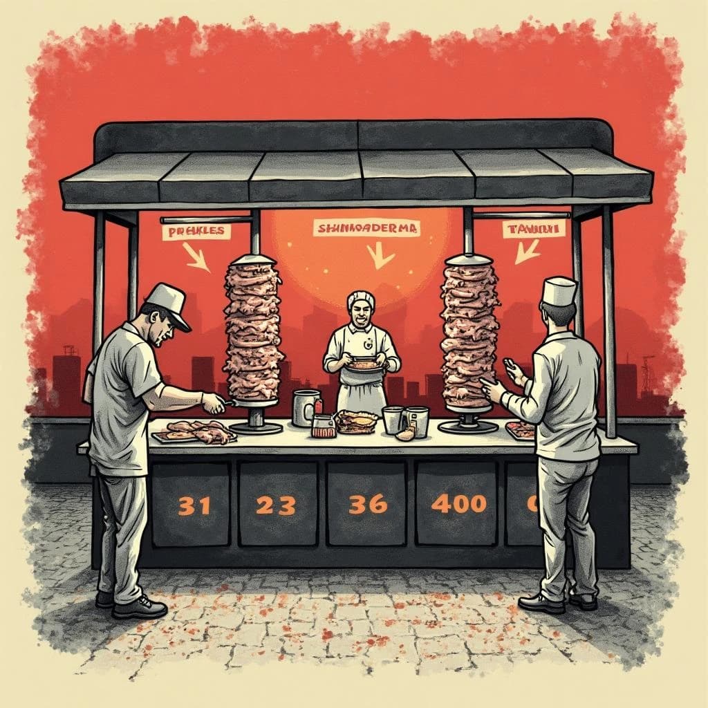 Editorial halftone print diagram of a street shawarma stall at dusk, printed in charcoal, warm red and cream dots. Two vertical spits stand side by side behind the counter, chicken on the left and lamb on the right, the lamb cone noticeably wider. One cook shaves meat from the lamb into a tray while a second cook passes a wrapped sandwich across the counter to a customer. Five garnish bins run along the counter labelled "Pickles", "Tomato", "Onion", "Tahini", "Chilli", with numbered callouts one to five pointing at them.