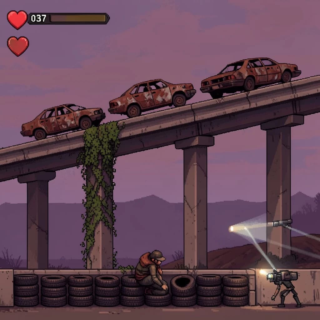 Side-scrolling pixel art screenshot from a post-apocalyptic survival platformer, dusk palette of rust and violet. A collapsed highway overpass cuts diagonally across the frame on four concrete support pillars, the second from the left snapped in half and wrapped in vines. On the deck above sit three burnt-out cars nose to tail, only the middle one still upright. Below, the player crouches behind a barricade of five stacked tires while two scavenger drones sweep flashlight cones in from the right. Top-left interface: three heart icons with the last half empty, a scrap counter reading "037", and a thin compass strip.