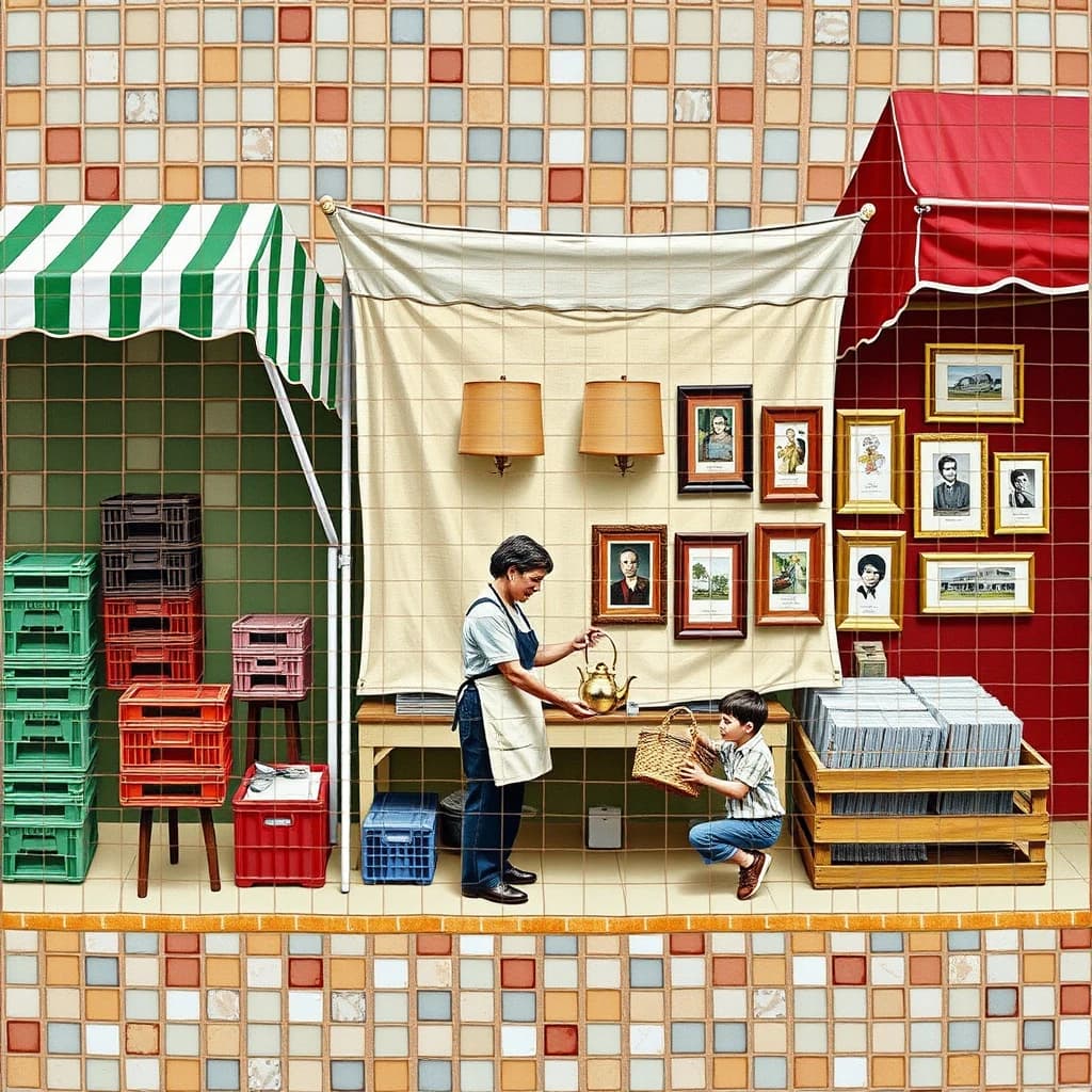 Glass tile mosaic of a Sunday flea market seen from a slightly raised angle, small square tesserae and warm terracotta grout. Three stall awnings in a row: the left one striped green and white over stacked vinyl crates, the middle plain canvas over six brass lamps with only the two tallest wearing shades, the right red awning hung with nine framed pictures in three rows of three. Under the middle awning a vendor in an apron hands a teapot across the table to a woman holding a straw basket, while a boy crouches at her feet by a crate of records. No lettering anywhere.
