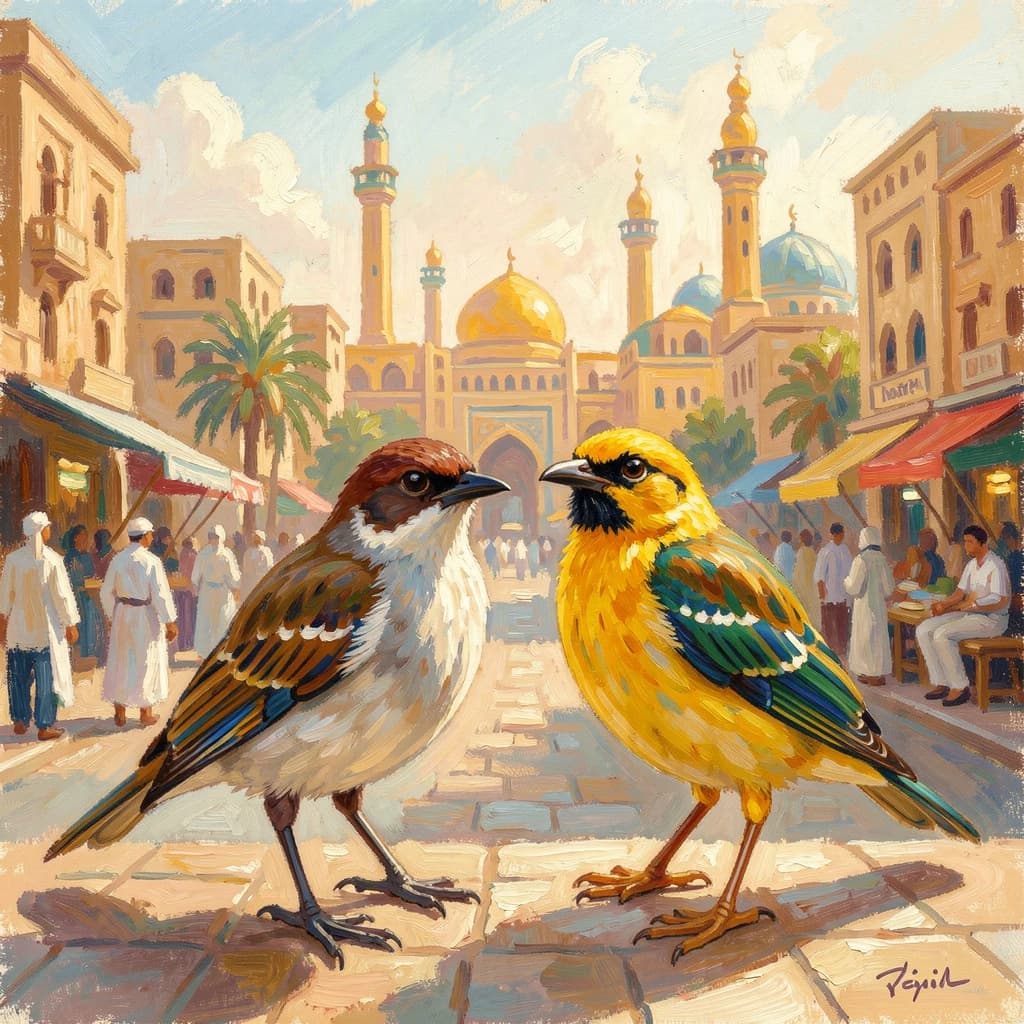 Scrub-Bird and Yellowtail in Cairo, Egypt in the style of impressionist