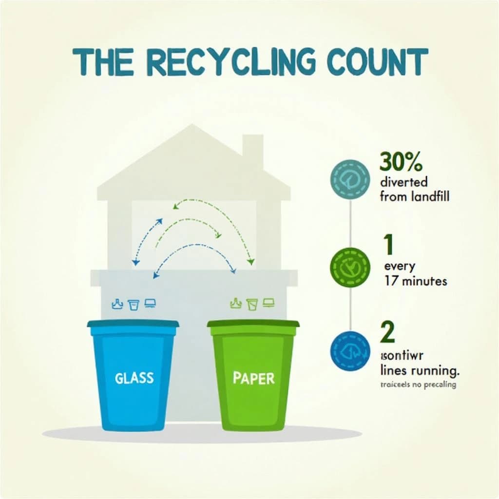 Printed poster titled "The Recycling Count". Three sorting bins with arrows to their destinations sits at the center, carrying two keyed regions, "Glass" shaded green and "Paper" shaded blue. Three stat chips run down a right column, reading "30% diverted from landfill", "1 truck every 17 minutes" and "2 sorting lines running". Each key color matches the shading of the region it names.
