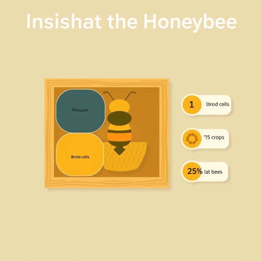Flat vector illustration titled "Inside the Honeybee": at the center a cutaway of a hive frame, carrying three keyed regions, "Wing pair" shaded slate, "Brood cells" shaded olive and "Pollen basket" shaded amber, beside a right column of three stat chips reading "1 in 8 foragers never returns", "115 crops rely on bees" and "25% of hives lost last winter".