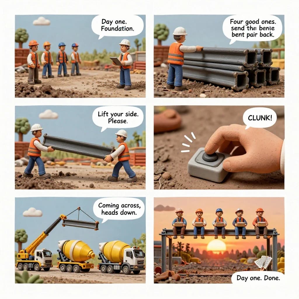 Six-panel comic page rendered as claymation stop-motion frames with fingerprint texture visible in the clay and uneven hand-cut gutters.
Panel 1: Wide muddy build site. Four clay construction workers in orange vests plus one in a white hard hat holding a clipboard. Caption: "Day one. Foundation."
Panel 2: The white hat points at a stack of six girders, two of them bent. Speech: "Four good ones. Send the bent pair back."
Panel 3: Two workers carry one girder between them, the shorter one's end sagging low. Speech from the shorter worker: "Lift your side. Please."
Panel 4: Close up of a clay thumb pressing the button on a tiny crane remote. Sound effect: "CLUNK".
Panel 5: The crane swings the girder over three parked mixer trucks, the middle truck empty and the two outer ones loaded. Speech from the crane cab: "Coming across, heads down."
Panel 6: The finished steel frame at sunset with five workers sitting in a row along the top beam, lunchboxes open, the clipboard now used as a fan. Caption: "Day one. Done."