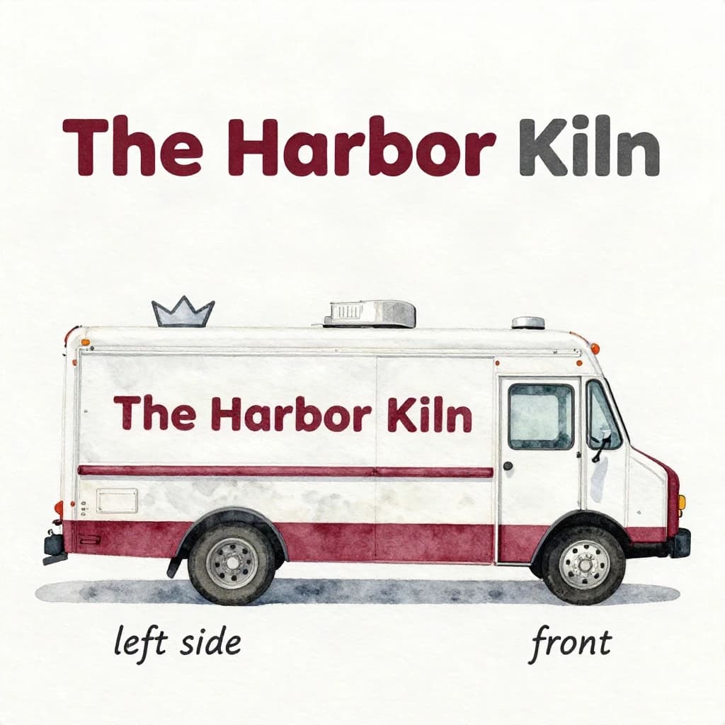 Watercolor of the same food truck drawn in two sides, captioned "left side" and "front", every side carrying the wordmark "The Harbor Kiln" with a simple crown outline beside it in the same maroon-and-gray coloring, only the side changing.
