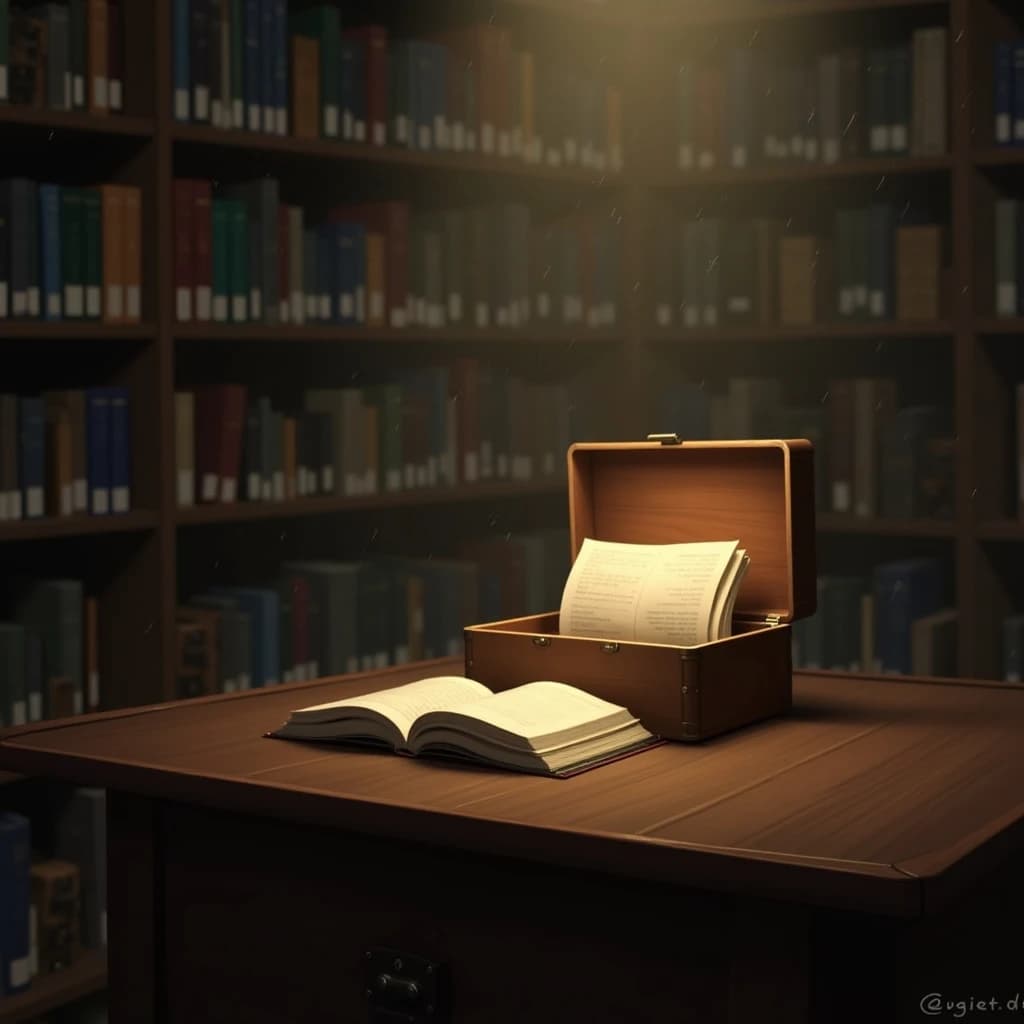 The quiet second when a music box takes on a thin rim of warm light, in a quiet library, in light rain.