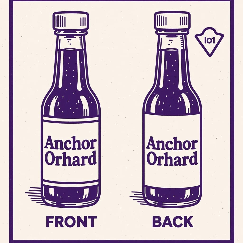 Printed poster: one hot-sauce bottle in two views. The views are captioned "front" and "back" in that order. The wordmark "Anchor Orchard" appears on every view. The purple-and-white coloring is the same across every view, and only the angle changes.