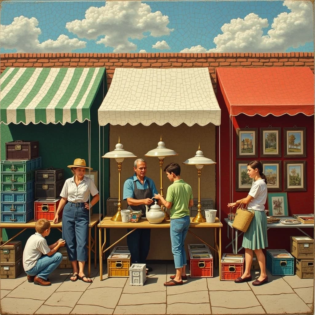 Glass tile mosaic of a Sunday flea market seen from a slightly raised angle, small square tesserae and warm terracotta grout. Three stall awnings in a row: the left one striped green and white over stacked vinyl crates, the middle plain canvas over six brass lamps with only the two tallest wearing shades, the right red awning hung with nine framed pictures in three rows of three. Under the middle awning a vendor in an apron hands a teapot across the table to a woman holding a straw basket, while a boy crouches at her feet by a crate of records. No lettering anywhere.
