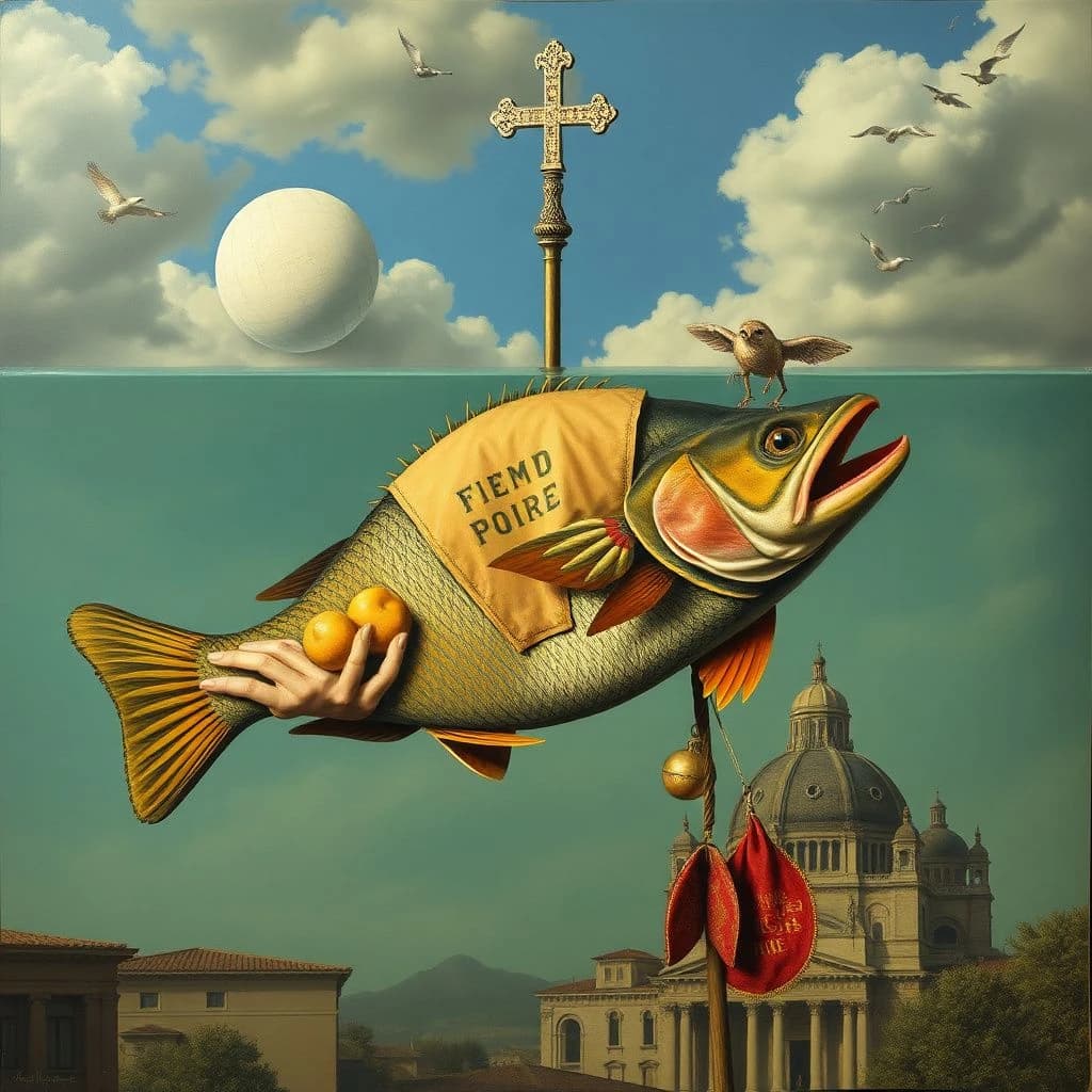 Scapular and Game Fish in Rome, Italy in the style of surrealist