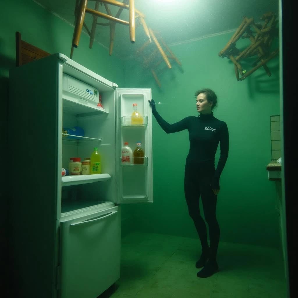 Underwater photograph inside a flooded apartment kitchen, silt green water, one window's worth of light from above. The refrigerator stands with its door swung open; three plastic bottles drift upward out of it, one still capped and two open and trailing bubbles, while a jar of pickles stays wedged on the middle shelf. A diver in a black wetsuit hovers to the right of the door, one hand on the top hinge, the other aiming a torch into the empty vegetable drawer. Two wooden chairs float against the ceiling above her, a third lies on its side on the tiles. Suspended particles, cold contrast, slow shutter softness.