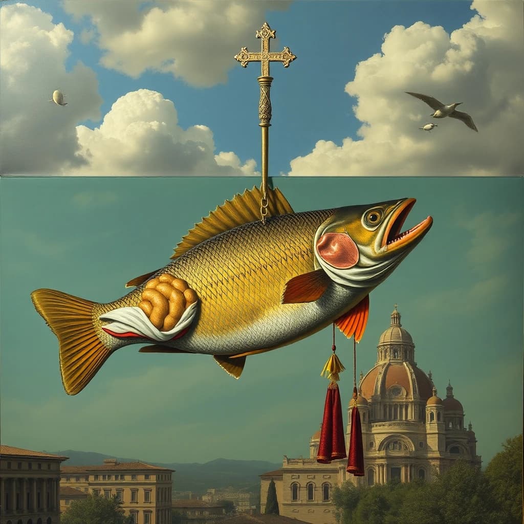 Scapular and Game Fish in Rome, Italy in the style of surrealist