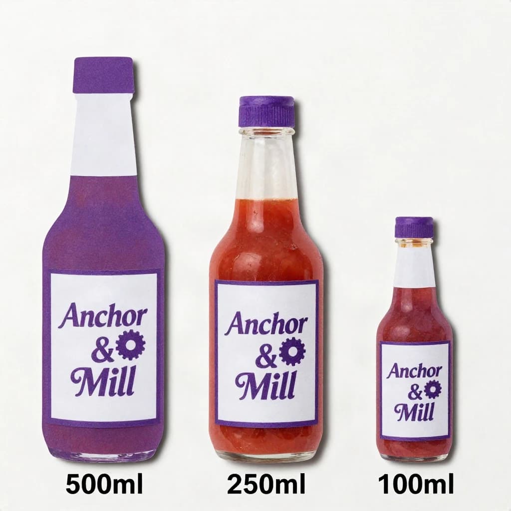 Cut-paper collage of the same hot-sauce bottle drawn in three sizes, captioned "500ml", "250ml" and "100ml", every size carrying the wordmark "Anchor & Mill" with a six-tooth gear mark beside it in the same purple-and-white coloring, only the bottle size changing.