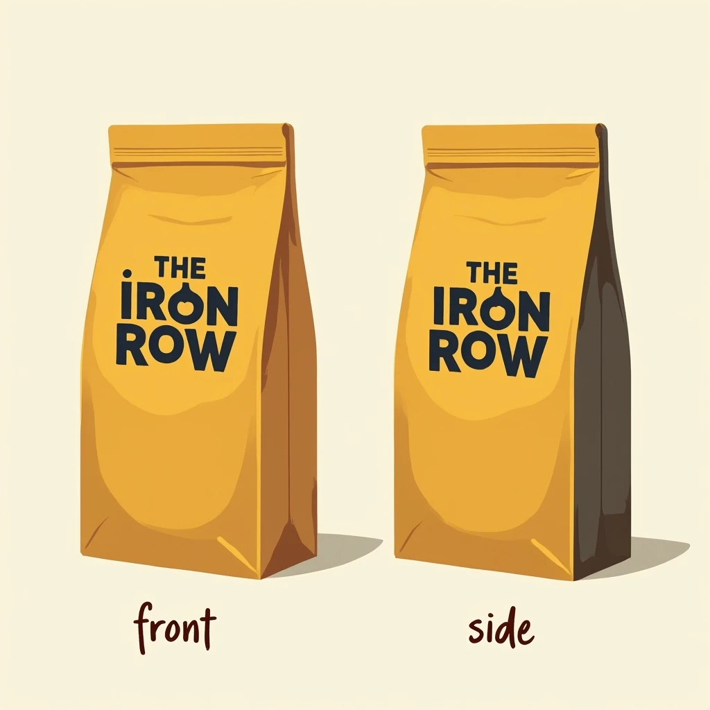 Flat vector illustration of the same coffee bag drawn in two views, captioned "front" and "side", every view carrying the wordmark "The Iron Row" in the same mustard-and-charcoal coloring, only the angle changing.