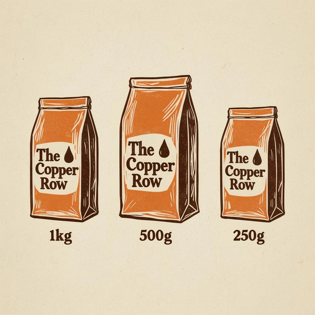 Linocut print: one coffee bag in three sizes. The sizes are captioned "1kg", "500g" and "250g" in that order. The wordmark "The Copper Row" appears on every size with a single droplet symbol beside it. The orange-and-brown coloring is the same across every size, and only the bag size changes.