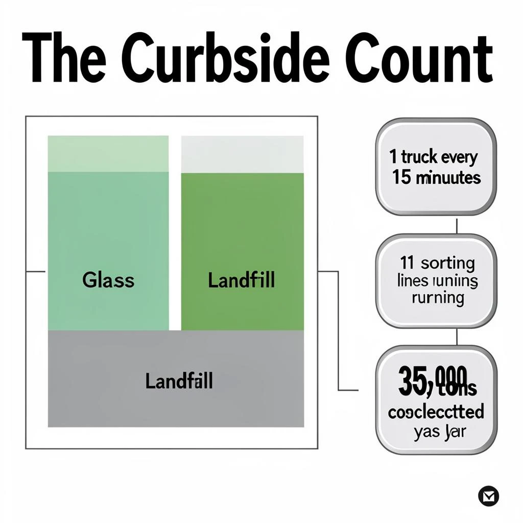 Printed poster titled "The Curbside Count": at the center a flow chart from curb to sorting floor, carrying two keyed regions, "Glass" shaded green and "Landfill" shaded gray, beside a right column of three stat chips reading "1 truck every 15 minutes", "11 sorting lines running" and "35,000 tons collected last year".
