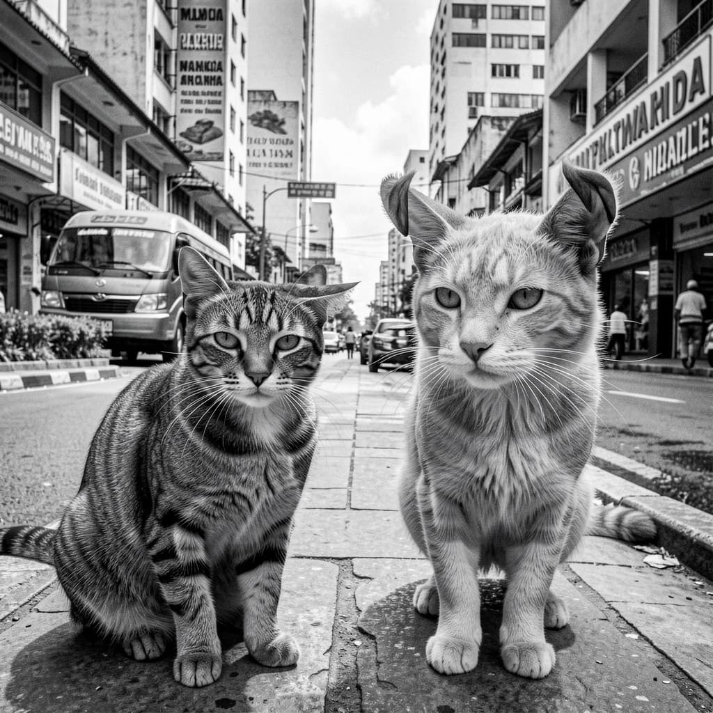 Channel Cat and Megathere in Manila, Philippines in the style of black and white