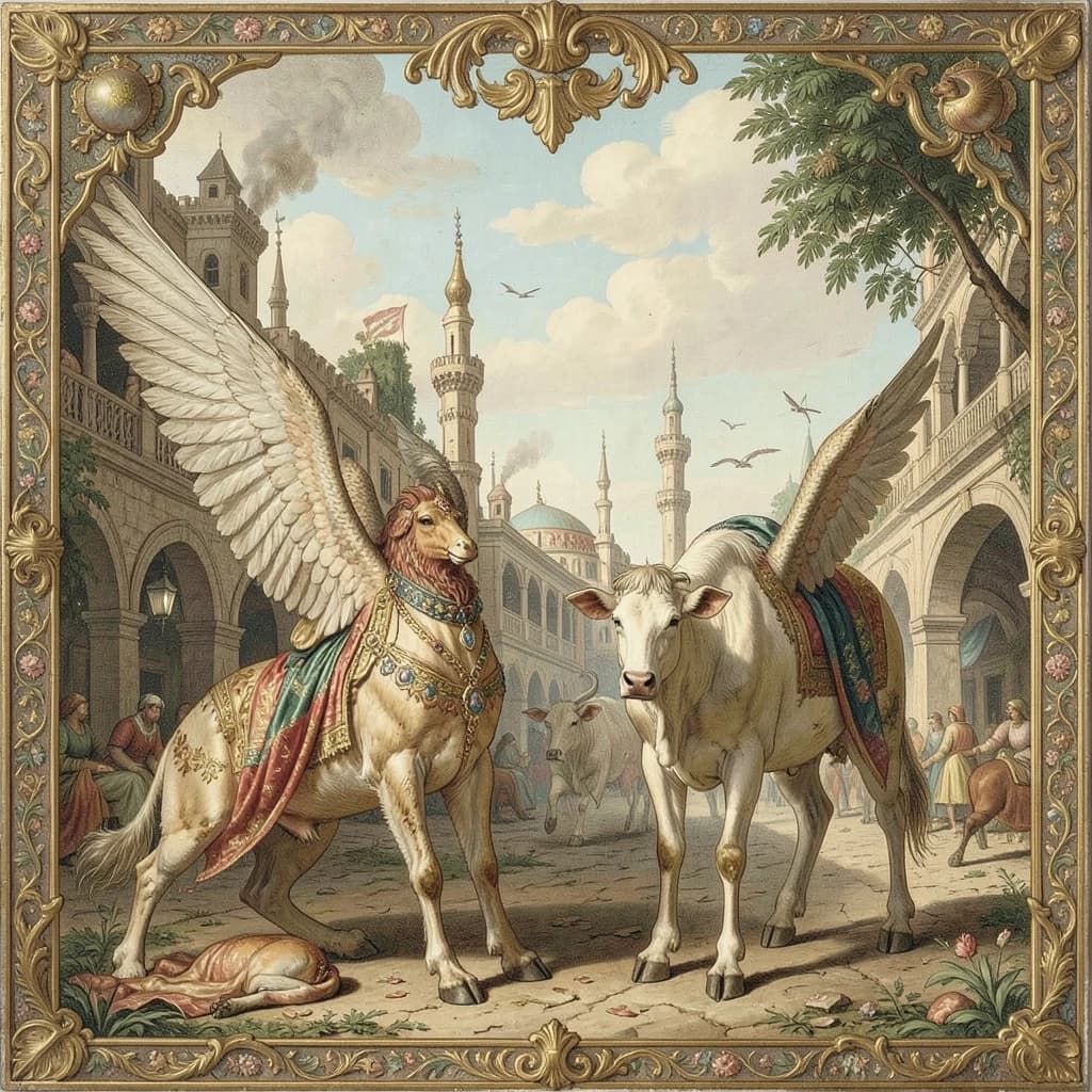 Aerie and Artiodactyl in Baghdad, Iraq in the style of rococo