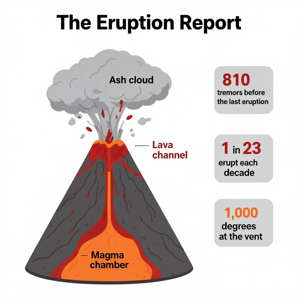 Flat vector illustration titled "The Eruption Report". A cutaway cone sits at the center, carrying three keyed regions, "Lava channel" shaded red, "Ash cloud" shaded gray and "Magma chamber" shaded orange. Three stat chips run down a right column, reading "810 tremors before the last eruption", "1 in 23 erupt each decade" and "1,000 degrees at the vent". Each key color matches the shading of the region it names.